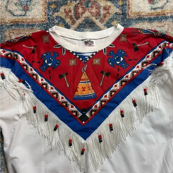 Vintage Aboriginal Tassel Short Sleeve Light Sweatshirt Medium - Picture 4 of 5